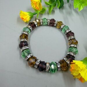 Multicoloured Genuine Crystal Bead Stretch Bracelet in Green, Brown & Amber